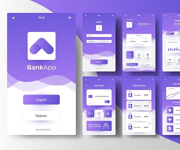 Banking app prototype in purple tone.
